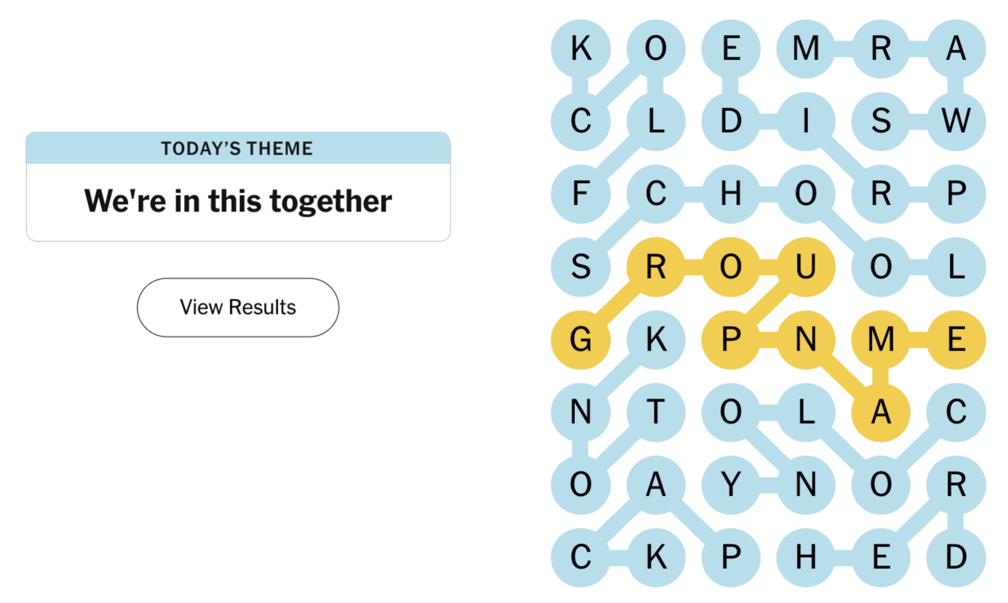 Completed NYT Strands board for October 21, 2024: We’re in this together.