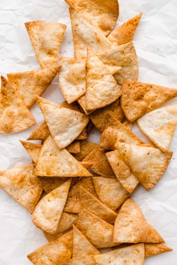 air fryer tortilla chips on parchment paper